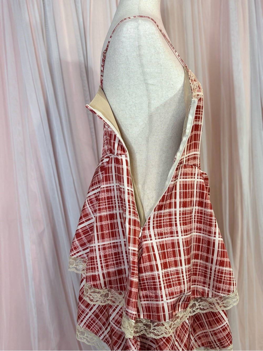 Red Plaid Lace Tiered Cottagecore Coquette Mini Dress Size M - Picture 6 of 16